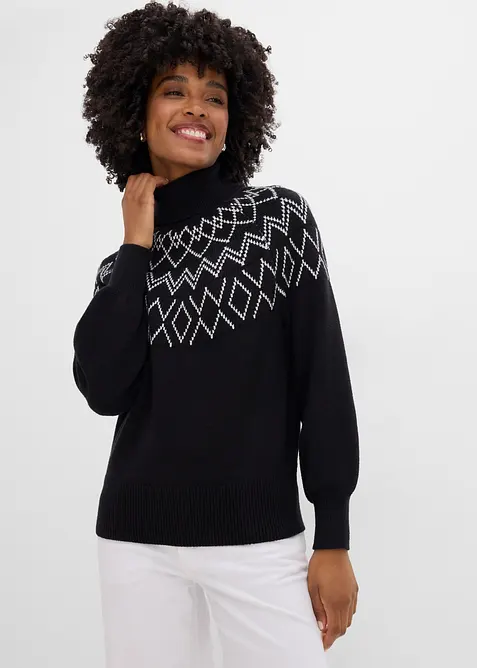 Norweger-Pullover aus feinem Viskose-Mix in schwarz von vorne (im Anschnitt) - bonprix