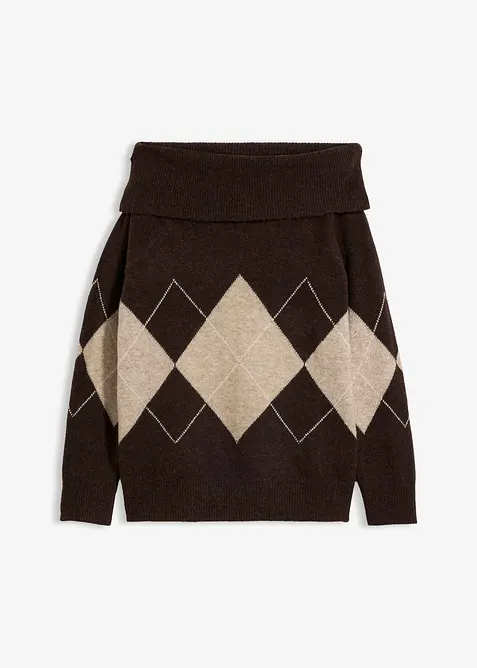 Off-Shoulder-Pullover mit Rautenmuster in braun von vorne - bonprix
