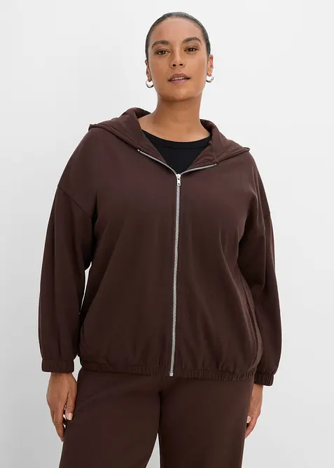 Kapuzen-Sweatjacke aus Bio-Baumwoll-Mix in braun von vorne (im Anschnitt) - bonprix