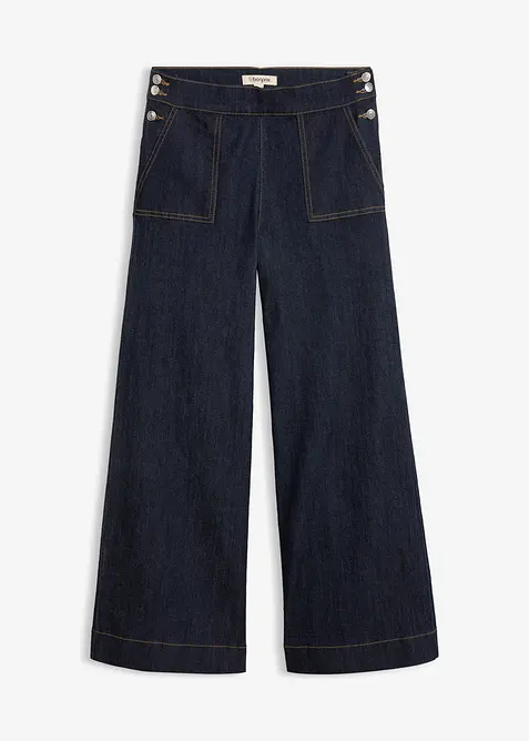 Wide-Leg-Jeans, High Waist mit aufgesetzten Taschen in blau von vorne - bonprix