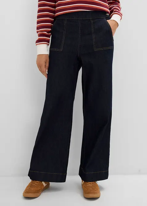Wide-Leg-Jeans, High Waist mit aufgesetzten Taschen in blau von vorne - bonprix