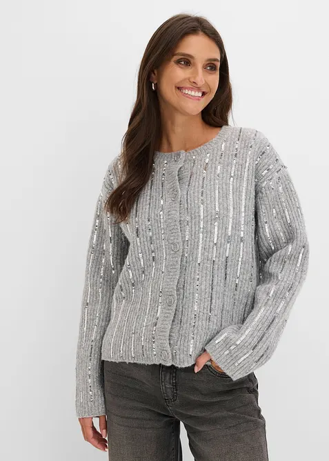 Strickjacke mit Pailletten-Applikation in grau von vorne (im Anschnitt) - bonprix