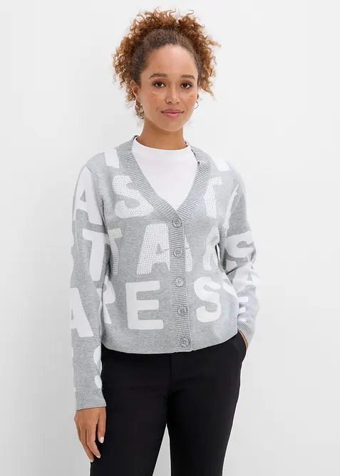 Feinstrickjacke mit Strass-Applikation in grau von vorne (im Anschnitt) - bonprix