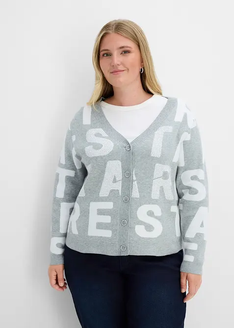 Feinstrickjacke mit Strass-Applikation in grau von vorne (im Anschnitt) - bonprix