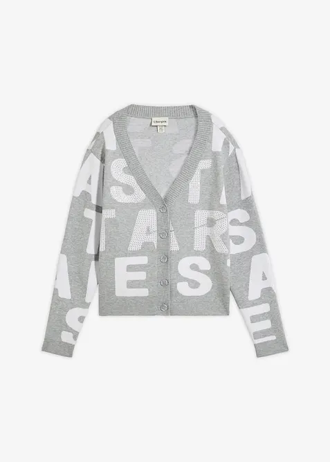 Feinstrickjacke mit Strass-Applikation in grau von vorne - bonprix