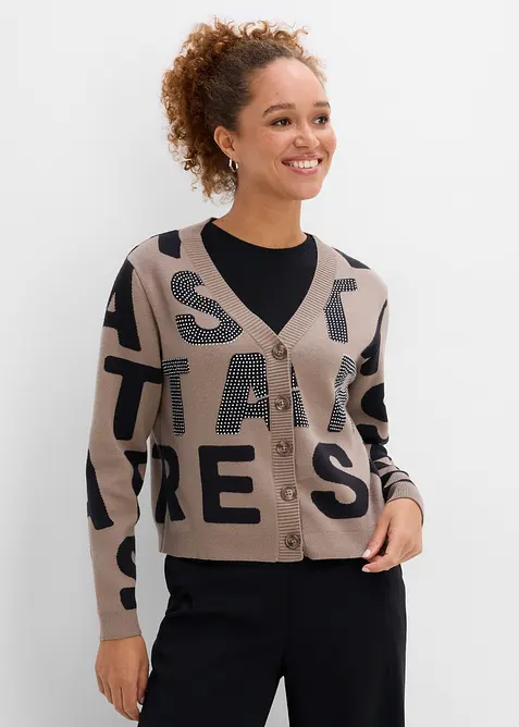 Feinstrickjacke mit Strass-Applikation in braun von vorne (im Anschnitt) - bonprix