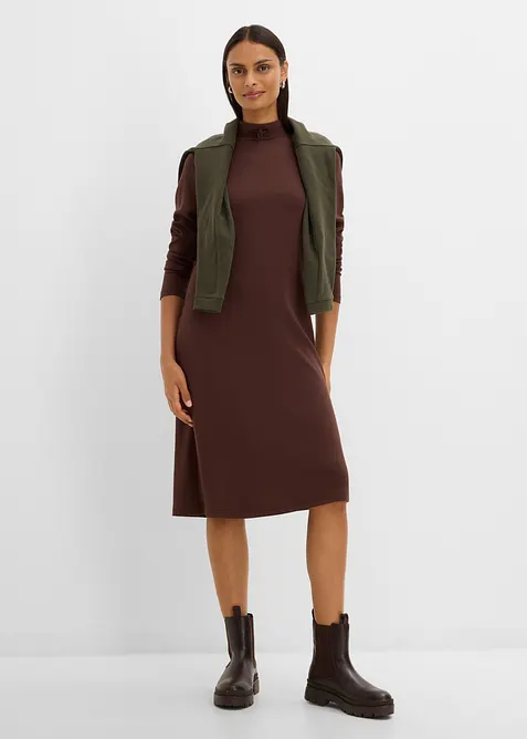 Knielanges Midikleid aus feinem Viskose-Mix in braun im Look von vorne (Totalaufnahme) - bonprix