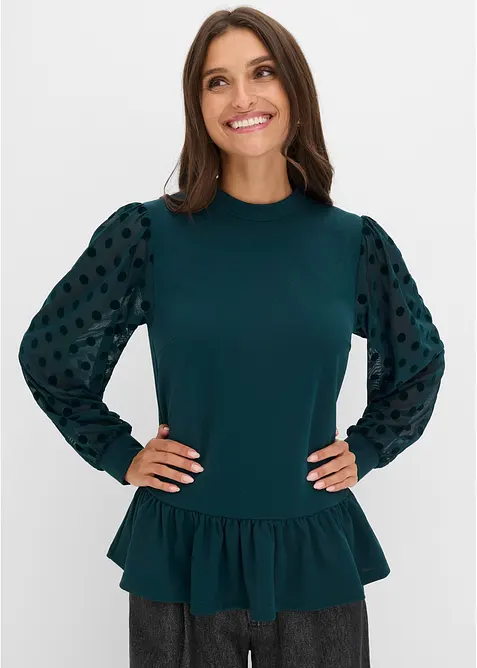 Langarmshirt mit dekorativen Mesh-Ärmeln in grün von vorne (im Anschnitt) - bonprix
