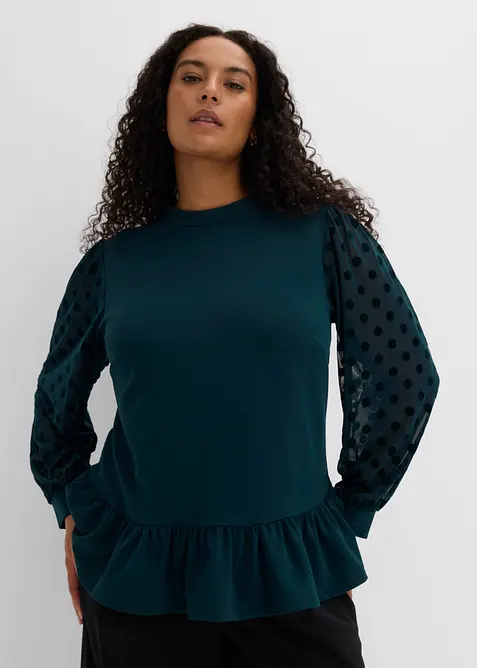 Langarmshirt mit dekorativen Mesh-Ärmeln in grün von vorne (im Anschnitt) - bonprix