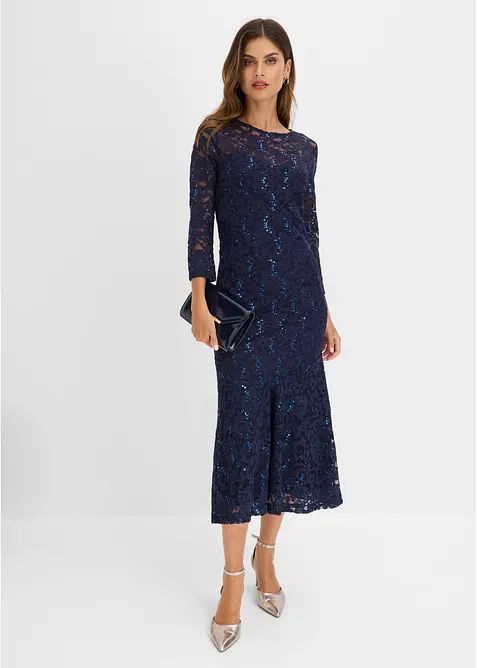 Spitzenkleid mit glänzenden Pailletten in blau im Look von vorne (Totalaufnahme) - bonprix