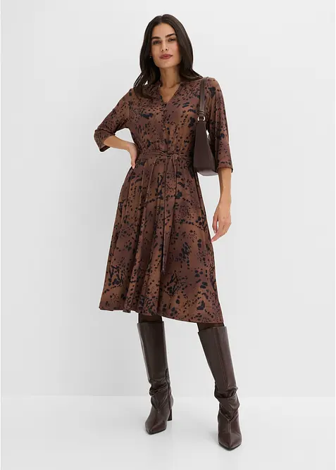Jerseykleid mit Bindeband in braun im Look von vorne (Totalaufnahme) - bonprix