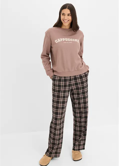 Loungewear Sweat Hausanzug mit Flanellhose in braun von vorne (Totalaufnahme) - bonprix