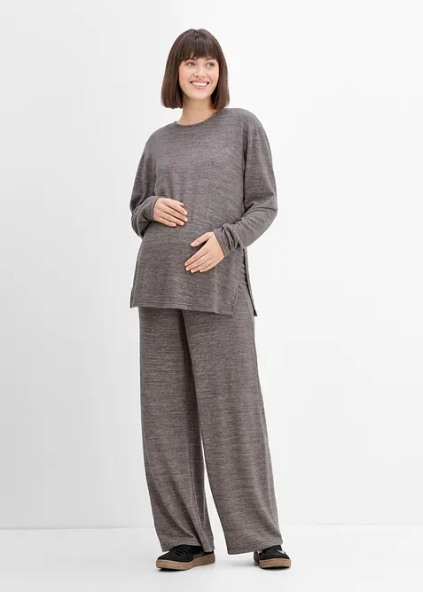 Bequemes Umstandsset in Strick-Optik aus Stillshirt und Hose in grau von vorne (Totalaufnahme) - bonprix