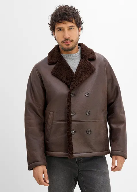 Lederimitat-Jacke mit Teddyfutter in braun von vorne (im Anschnitt) - bonprix
