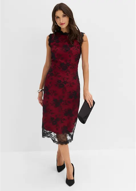 Spitzenkleid mit glänzendem Satin-Futter in schwarz im Look von vorne (Totalaufnahme) - bonprix