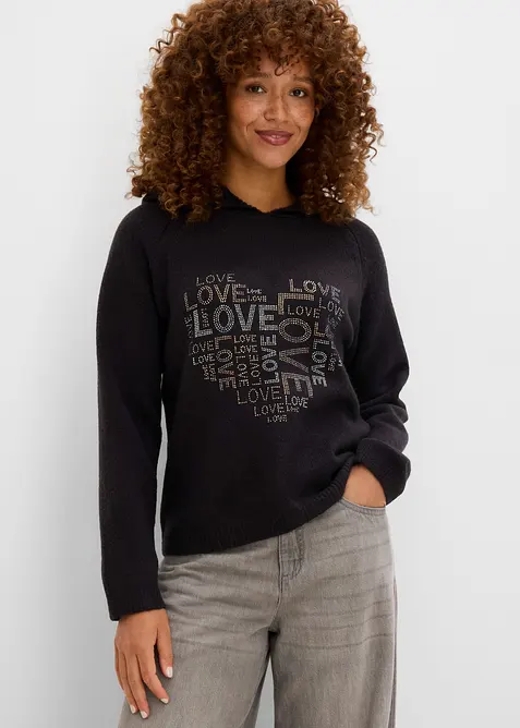 Feinstrickpullover mit Glitzersteinchen in schwarz von vorne (im Anschnitt) - bonprix