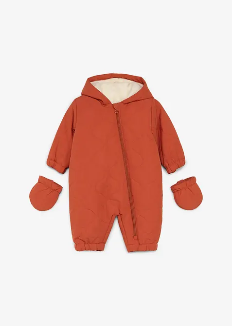 Wattierter Baby Overall mit abknöpfbaren Handschuhen in braun von vorne - bonprix