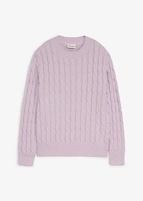 Pullover mit Zopfstrickmuster aus reiner Bio-Baumwolle in lila von vorne - bonprix