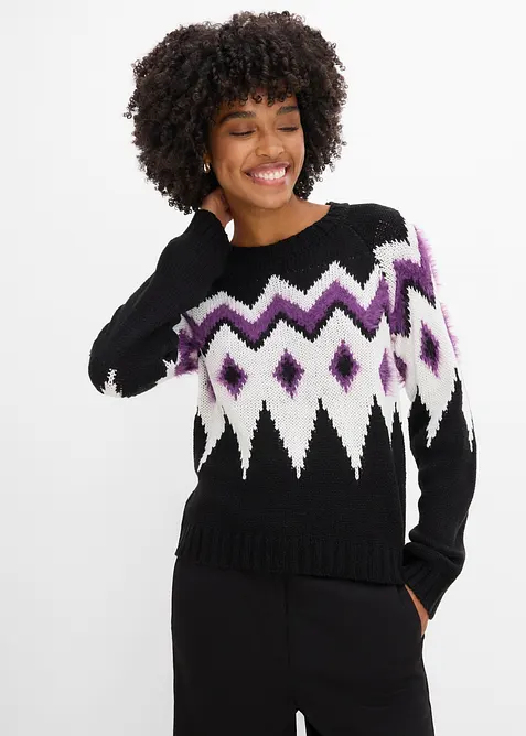 Fair-Isle-Grobstrick-Pullover in schwarz von vorne (im Anschnitt) - bonprix