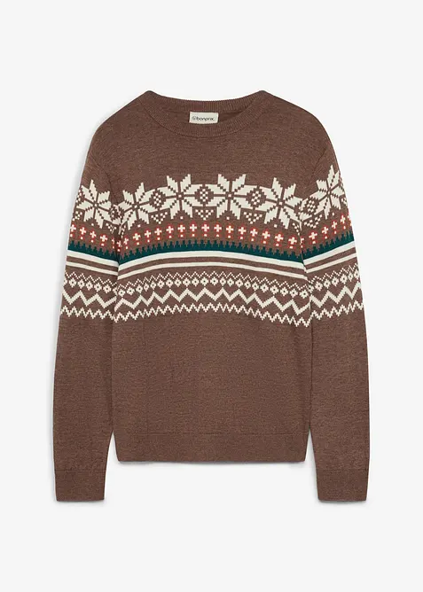 Feinstrickpullover mit Norwegermuster in braun von vorne - bonprix