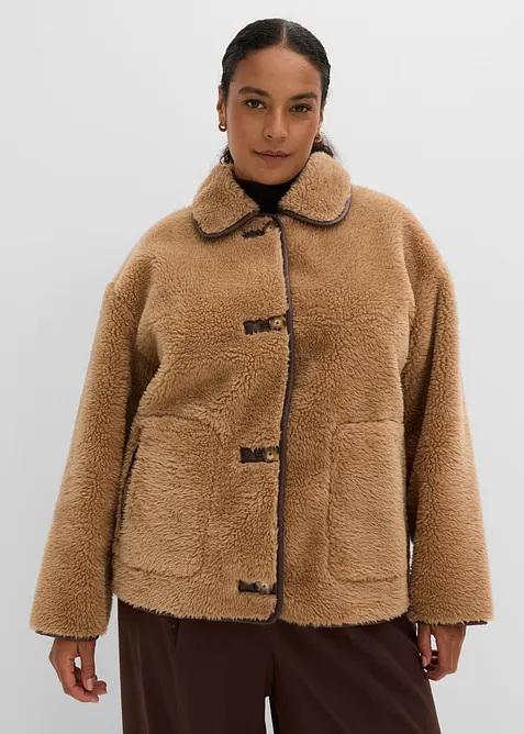 Fellimitat-Jacke mit dekorativen Riegelknöpfen in braun von vorne (im Anschnitt) - bonprix