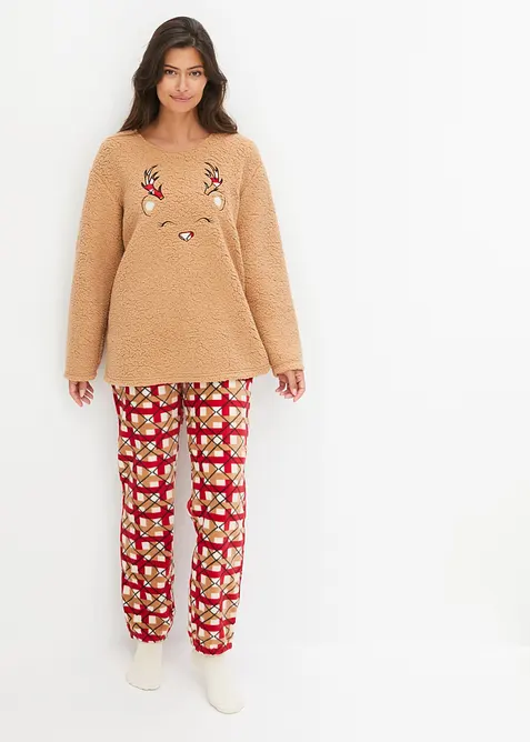 Loungewear Hausanzug aus Fleece mit Stickerei in beige von vorne (Totalaufnahme) - bonprix