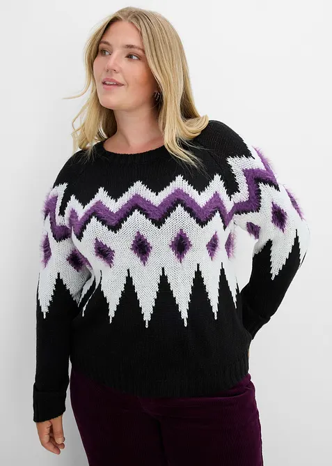 Fair-Isle-Grobstrick-Pullover in schwarz von vorne (im Anschnitt) - bonprix