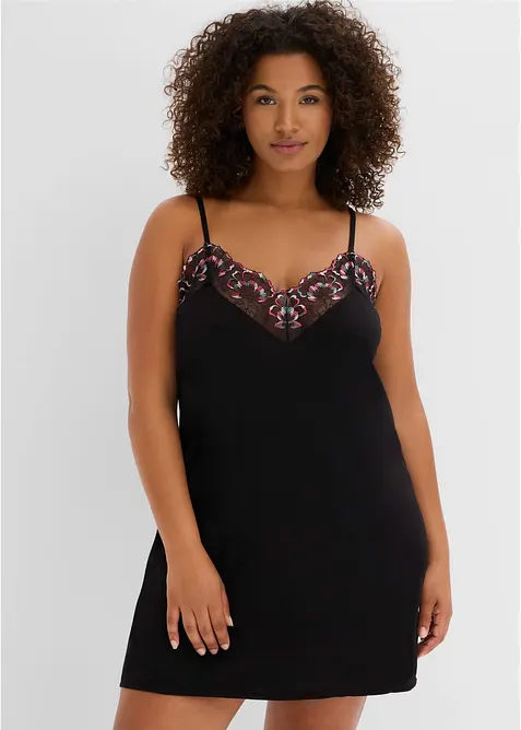 Negligé aus weicher Viskose mit zarter Stickerei in schwarz von vorne (Totalaufnahme) - bonprix