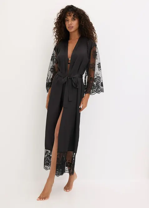 Satin Kimono mit Spitze in schwarz von vorne (Totalaufnahme) - bonprix