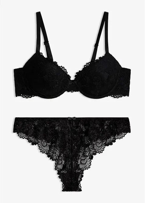 Schalen-BH + String aus zarter Spitze (2-tlg. Set) in schwarz von vorne - bonprix