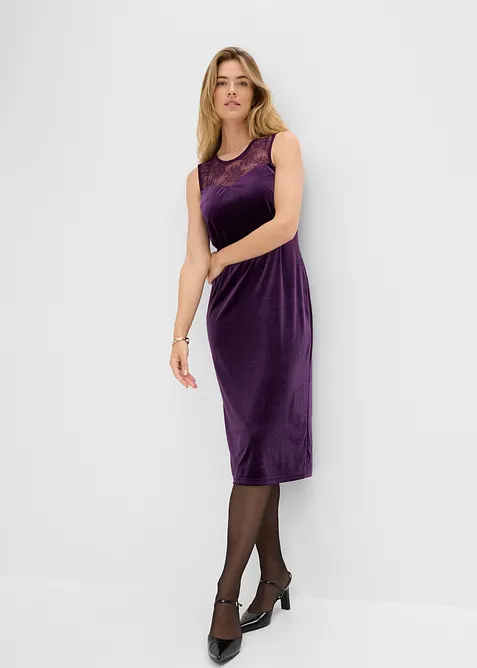 Kleid aus Samt mit Spitzeneinsatz in lila von vorne (Totalaufnahme) - bonprix