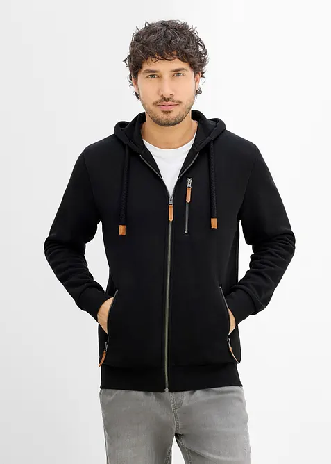 Sweatjacke aus schwerer Qualität mit PU-Details in schwarz von vorne (im Anschnitt) - bonprix