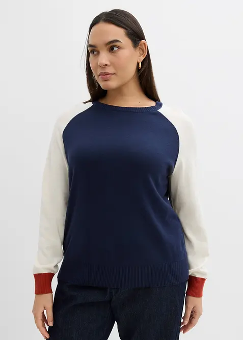 Feinstrickpullover aus Baumwoll-Mix mit Raglanärmeln in beige von vorne (im Anschnitt) - bonprix