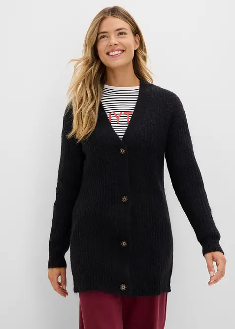 Grobstrickjacke aus weichem Wollmix in schwarz von vorne (im Anschnitt) - bonprix