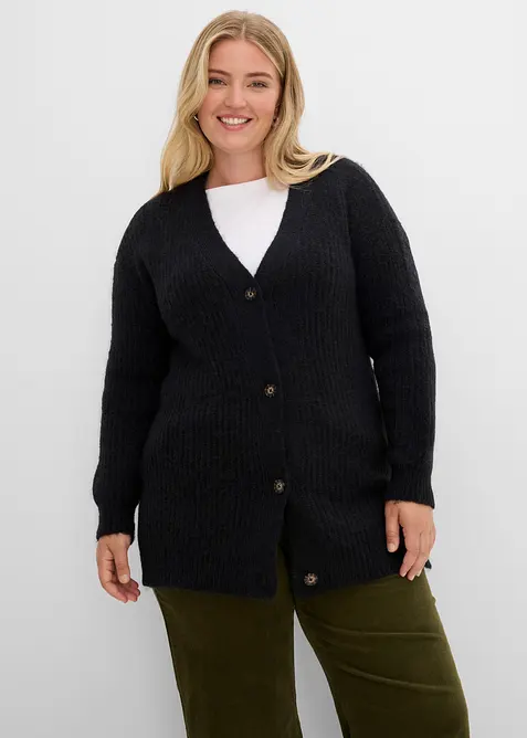 Grobstrickjacke aus weichem Wollmix in schwarz von vorne (im Anschnitt) - bonprix