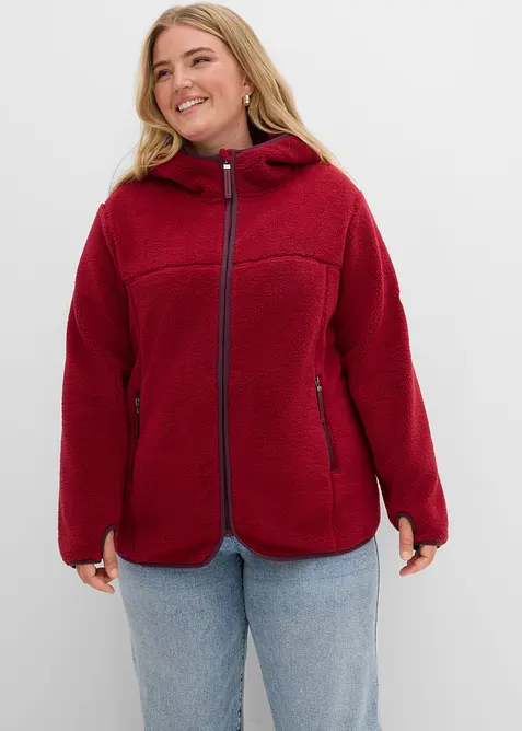 Teddy-Fleece Jacke mit Kapuze in rot von vorne (im Anschnitt) - bonprix