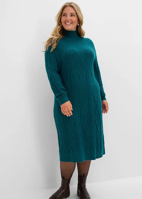 Strickkleid aus Zopfstrick in petrol von vorne (Totalaufnahme) - bonprix