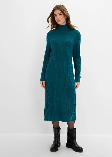 Strickkleid aus Zopfstrick in petrol von vorne (Totalaufnahme) - bonprix