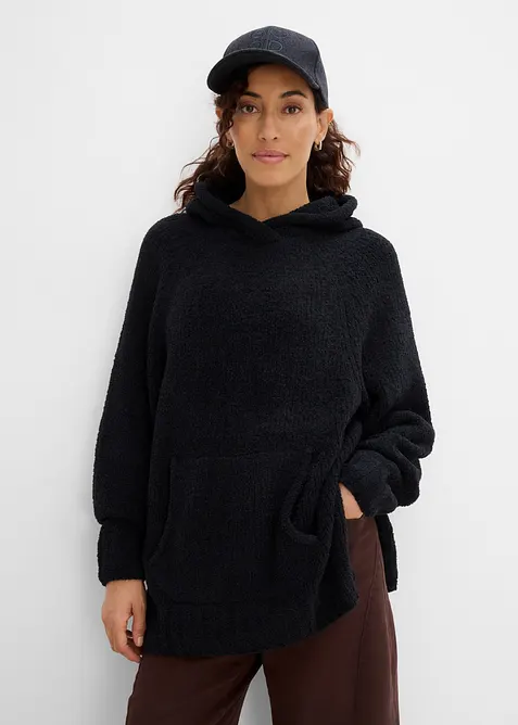 Kapuzenpullover in Teddy-Fleece in schwarz von vorne (im Anschnitt) - bonprix