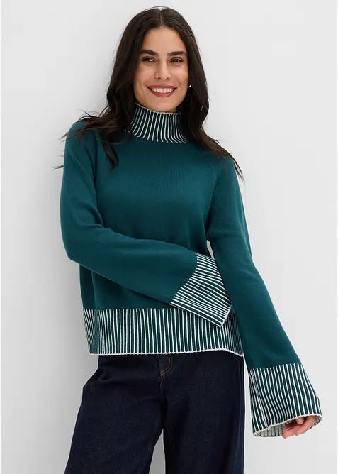 Stehkragenpullover aus weichem Kaschmir-Mix in petrol von vorne (im Anschnitt) - bonprix
