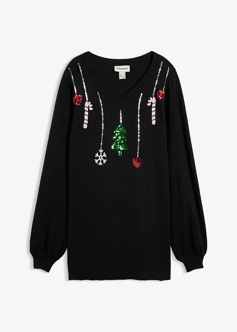 Weihnachtlicher Umstands- und Stillpullover mit Pailletten in schwarz von vorne - bonprix