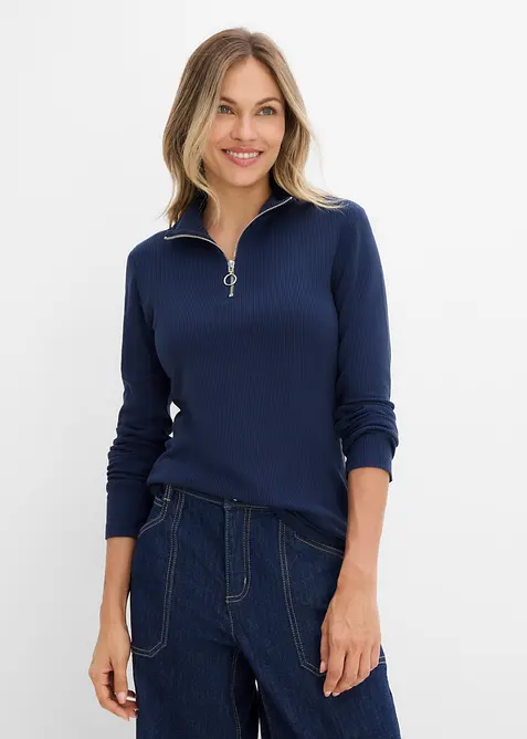 Rippshirt aus softem Viskose-Mix in blau von vorne (im Anschnitt) - bonprix