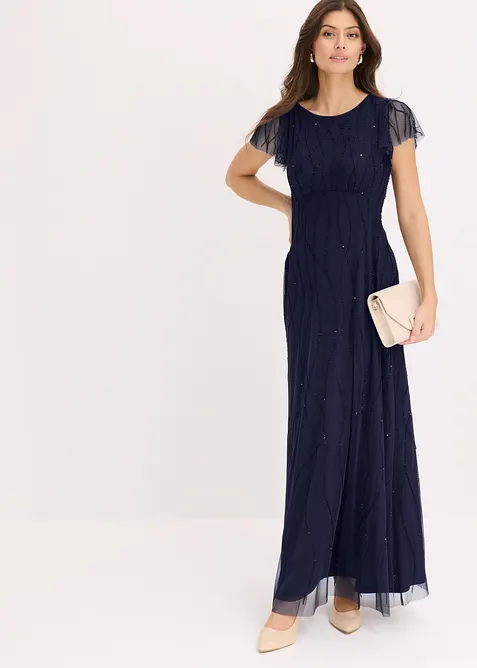 Maxikleid aus zartem Tüll mit Perlenstickerei in blau von vorne (Totalaufnahme) - bonprix
