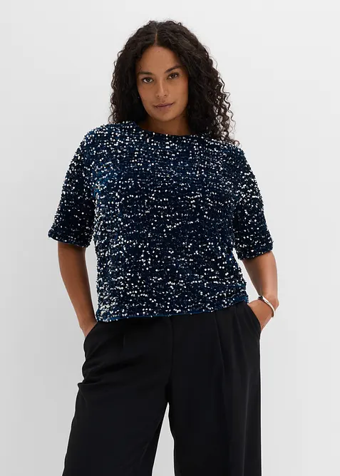 Pailletten-Shirt aus softem Samt in petrol von vorne (im Anschnitt) - bonprix