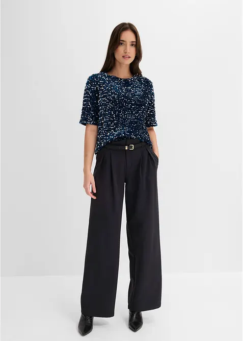 Pailletten-Shirt aus softem Samt in petrol im Look von vorne (Totalaufnahme) - bonprix