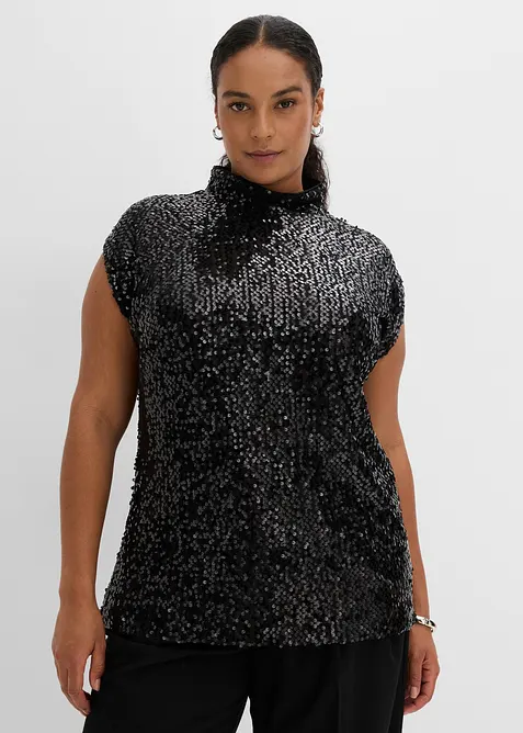 Hochgeschlossenes Pailletten-Top in schwarz von vorne (im Anschnitt) - bonprix