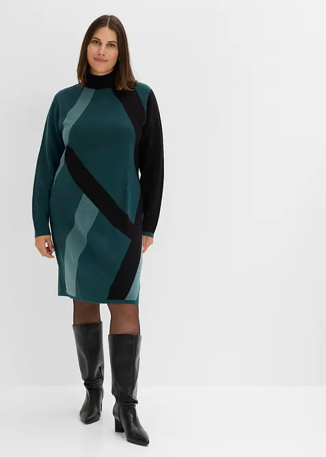 Jacquard-Strickkleid mit modernen Streifen in petrol von vorne (Totalaufnahme) - bonprix