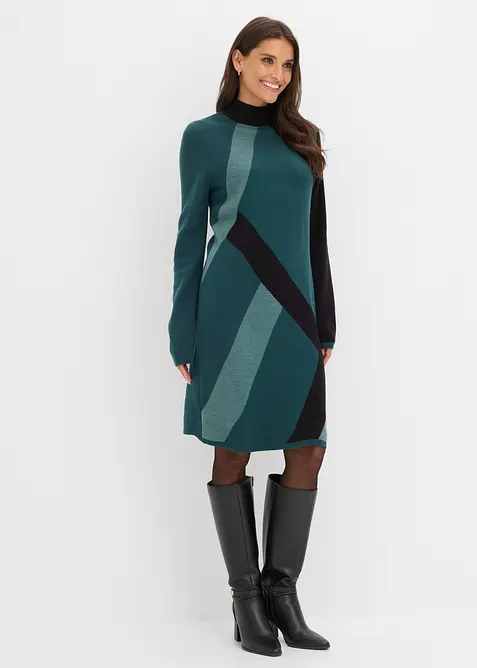 Jacquard-Strickkleid mit modernen Streifen in petrol von vorne (Totalaufnahme) - bonprix