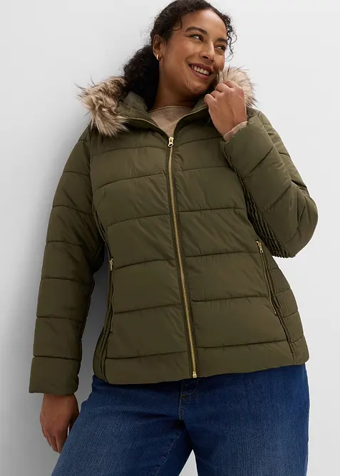 Steppjacke mit Fellimitatkragen in grün von vorne (im Anschnitt) - bonprix