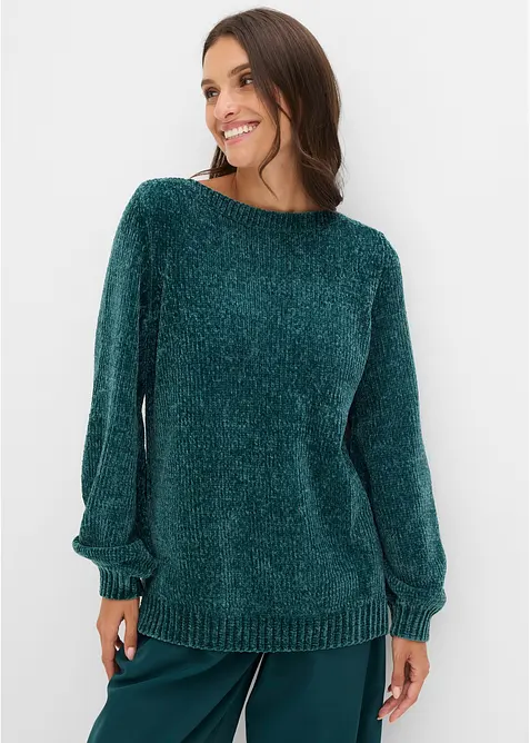 Chenille-Longpullover in petrol von vorne (im Anschnitt) - bonprix